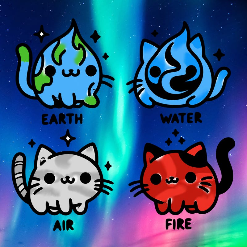 4 cats that represent the different elements, earth, water, air, and fire