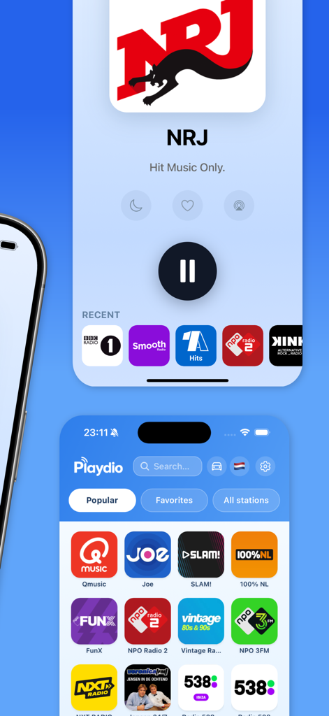 Playdio - radio app - Playdio mobile app interface showing a live radio player and a directory of European radio stations