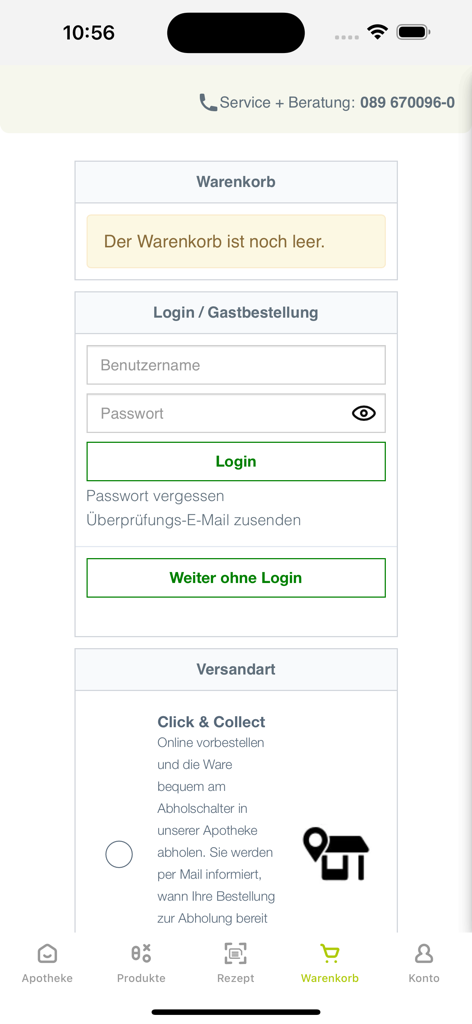 saniPEP Apotheke - Carrito de la compra y pantalla de inicio de sesión de la app saniPEP Apotheke con opciones de pedido como invitado y recogida en tienda.