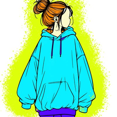 realistic girl with a oversized sweatshirt on and a bun