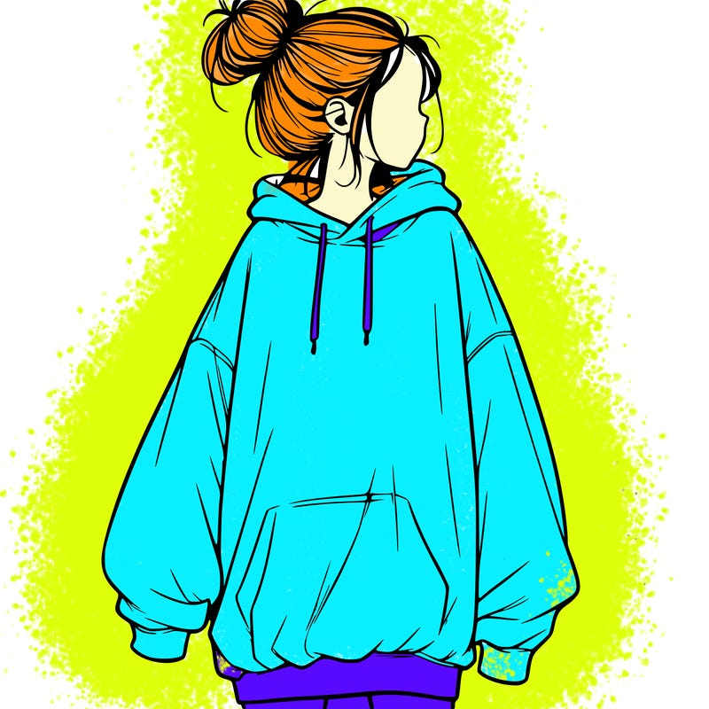 realistic girl with a oversized sweatshirt on and a bun