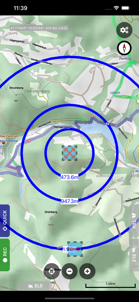 Cartograph Maps 3 app interface showing circular distance measurement circles on a detailed topographic offline map.