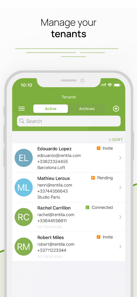 Rentila mobile app interface showing a list of active tenants with their contact details