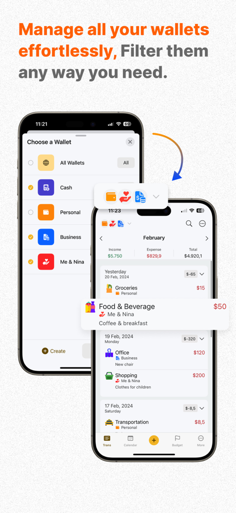 Interfaz de la aplicación Money Tracker que muestra la selección de múltiples carteras y el historial de transacciones diarias