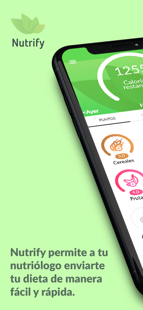 Nutrify - Nutrify mobile app interface showing calorie tracking and food categories like cereals and fruits