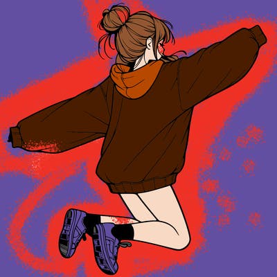 realistic girl jumping with a bun and oversized sweatshirt