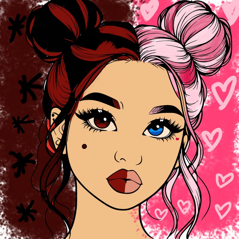 realistic girl with two buns on her hair and lips