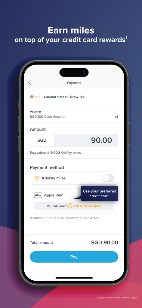 Pantalla de pago de la aplicación Kris+ que muestra cómo ganar millas usando Apple Pay para recompensas de restaurantes