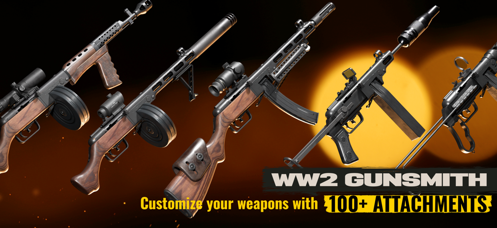 World War Legion: WW2 FPS PvP - World War Legion gunsmith interface showcasing various WW2 weapon attachments and customization options