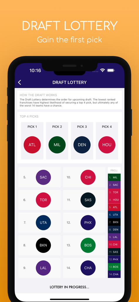 Pocket GM: Basketball Sim - Basketball draft lottery interface showing team draft picks and projections