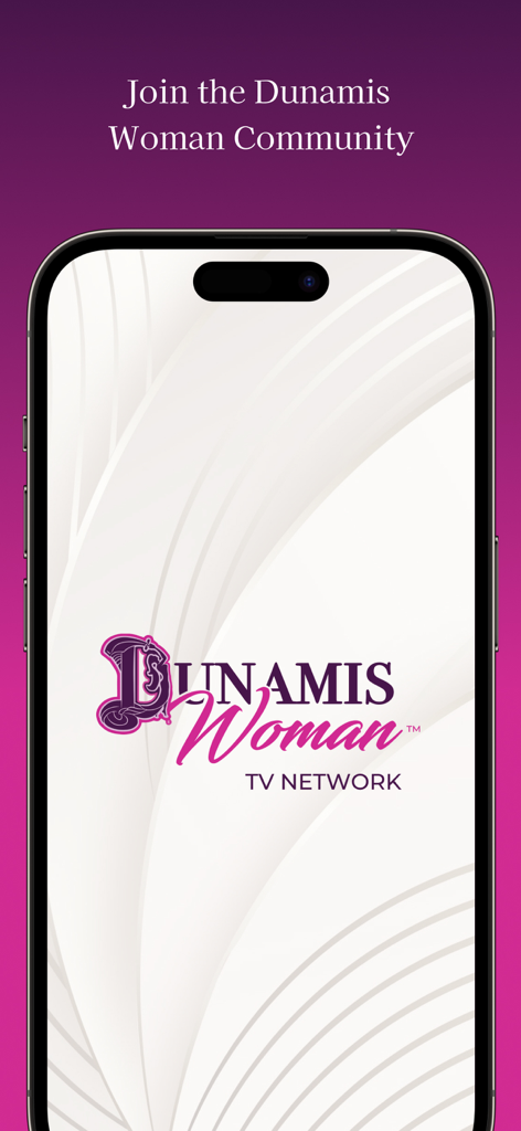 Logo da rede Dunamis Woman TV e mensagem de boas-vindas à comunidade em um smartphone