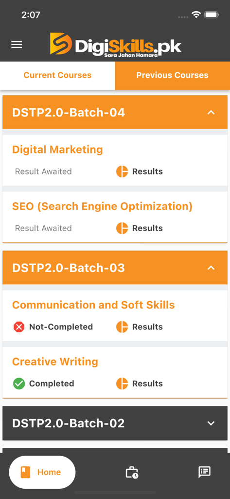 DigiSkills LMS - DigiSkills LMS mobile app screen displaying a list of previous courses including SEO and Digital Marketing with their completion status
