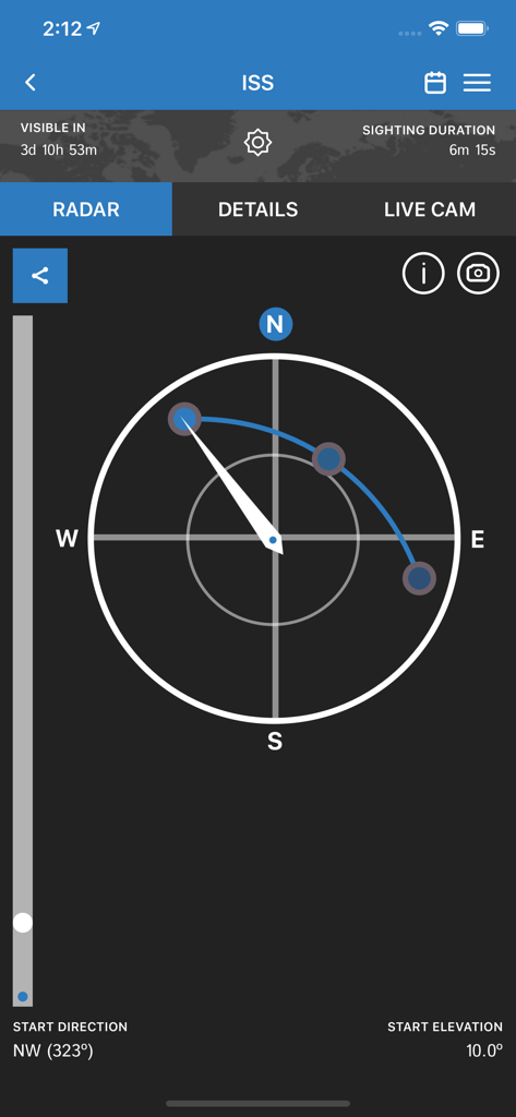 Radar interface in the ISS Detector app showing the predicted orbital path of the International Space Station on a compass display