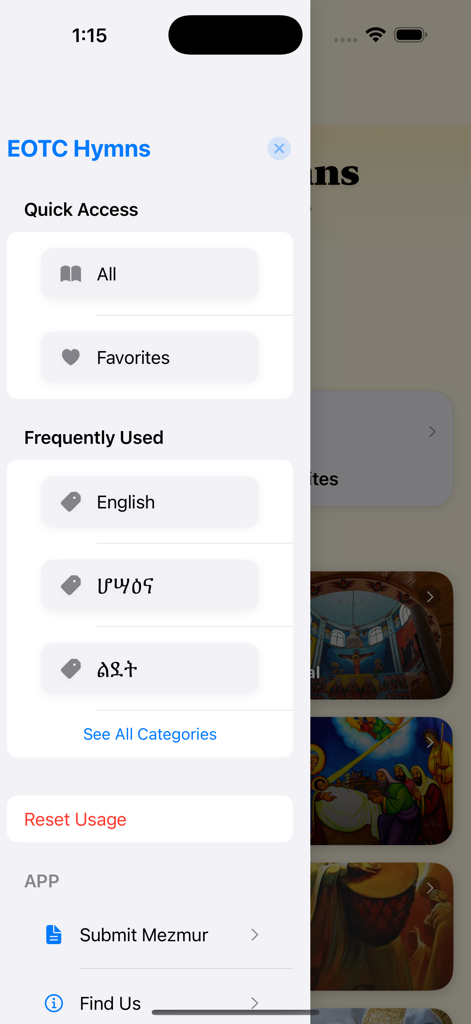 EOTC hymns - Side navigation menu of the EOTC hymns app showing quick access categories and favorites