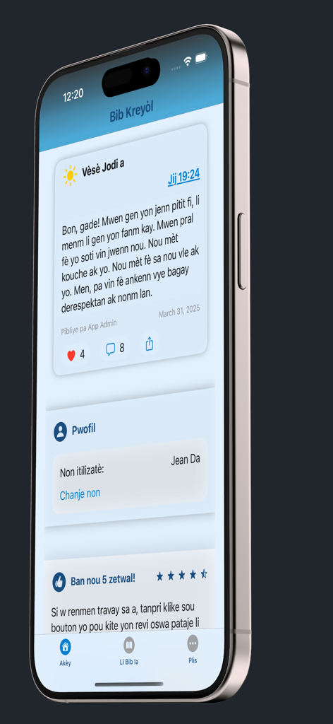 Interfaz de la aplicación Bib Kreyol mostrando el Versículo del Día en criollo haitiano con perfil de usuario y funciones de interacción social.