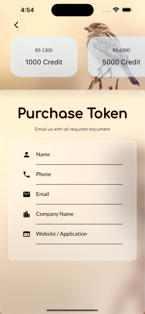 My Sparrow SMS - Purchase Token screen with credit packages and registration form