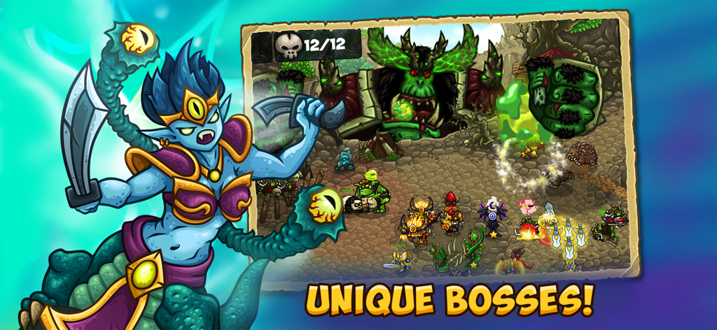 Héroes y guerreros luchando contra un jefe orco verde gigante en Booblyc TD