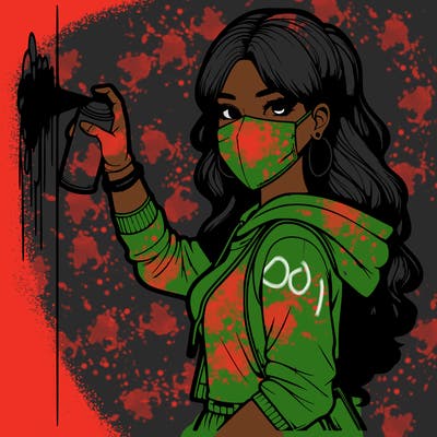 realistic girl with mask spray painting a wall