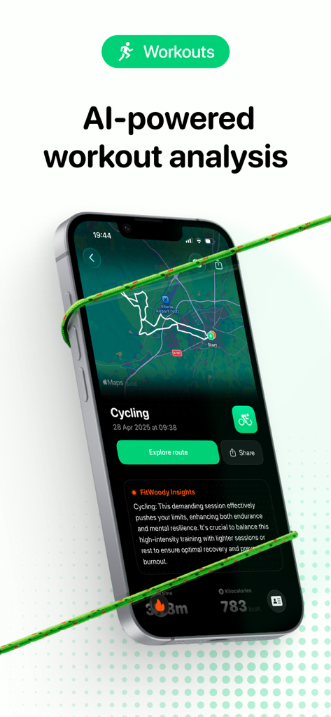 FitWoody: Health Tracker - Tela do aplicativo FitWoody mostrando análise de treino com IA de um treino de ciclismo com mapa e insights de treinamento
