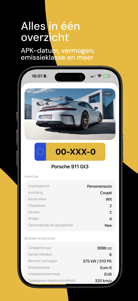 Tela do aplicativo móvel mostrando especificações técnicas de um Porsche 911 GT3, incluindo potência do motor e classe de emissão.