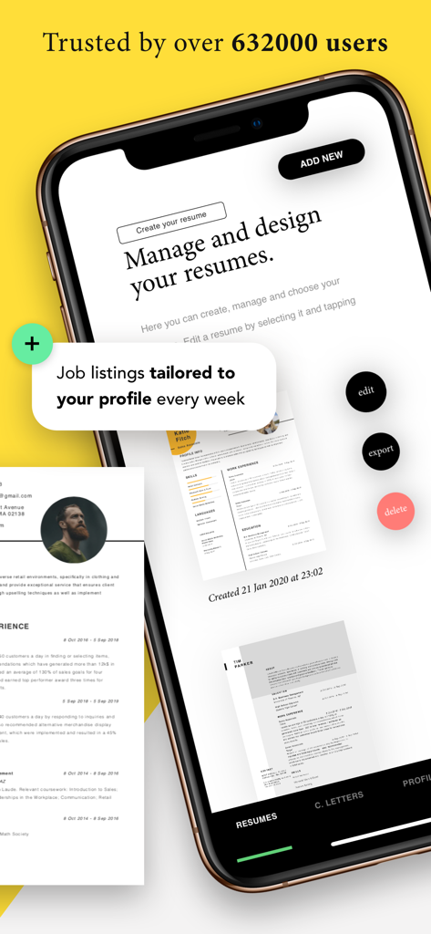 CV Maker · - iPhone screen displaying the CV Maker app interface for creating and managing professional resumes and cover letters