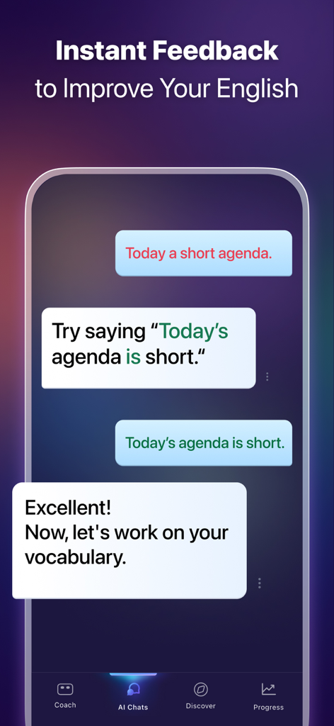 ELSA Speak mobile app interface showing real-time AI feedback on English grammar and vocabulary within a chat conversation.