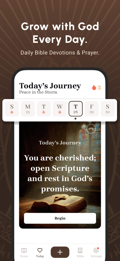 모바일 앱 인터페이스는 일일 성경 묵상 및 기도 여정 화면을 보여줍니다.