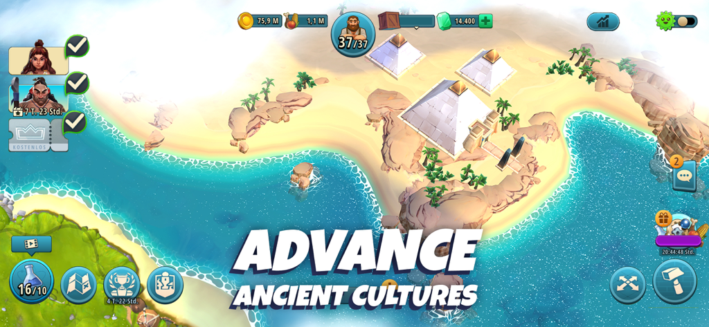 Captura de pantalla del juego de Rise of Cultures que muestra pirámides antiguas en un mapa costero con el texto superpuesto Avance de Culturas Antiguas.