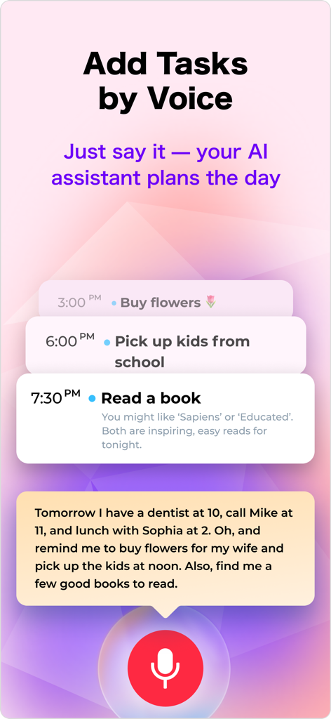Day Flow: AI Daily Planner - Voice activated task addition in Day Flow AI planner app showing scheduled daily activities