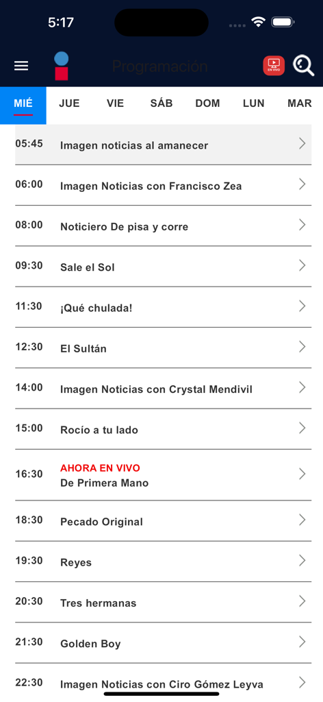 Daily television program schedule on the Imagen TV mobile app interface