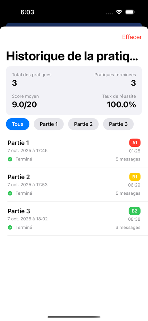 Aplicación TCF-Canada Speaking Test Coach que muestra el historial de práctica con puntuaciones y niveles para tres partes diferentes del examen