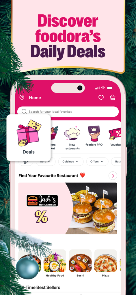 Foodora App-Bildschirm mit täglichen Angeboten, einer Burger-Restaurant-Aktion und Essenskategorien.