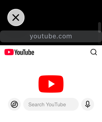 A screenshot of the YouTube mobile website being displayed on an Apple Watch screen using the Watch Browser app.