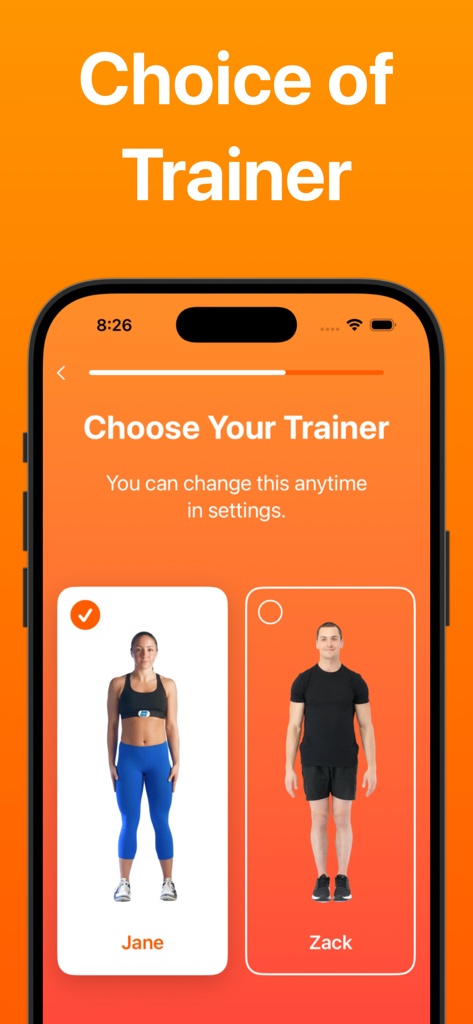 A choice between two personal trainers, Jane and Zack, in the 7 Minute Workout app.