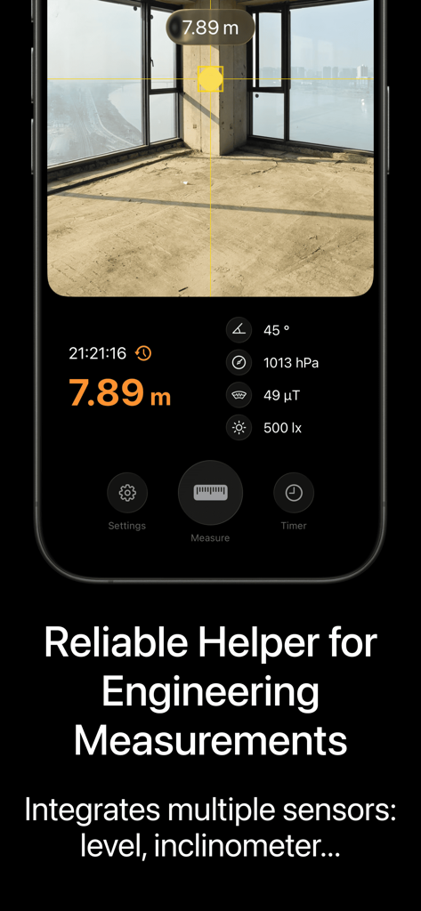 Laser Measure - High Precision - Digital laser measurement app showing 7.89 meter distance and integrated sensor data for engineering.