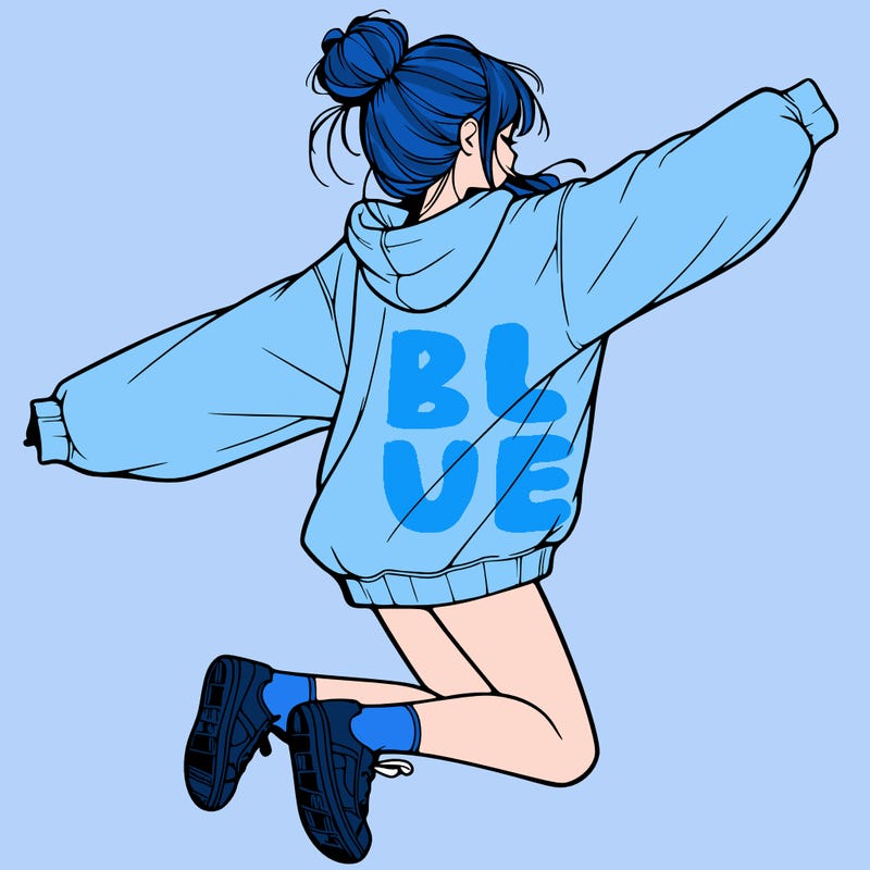 realistic girl jumping with a bun and oversized sweatshirt