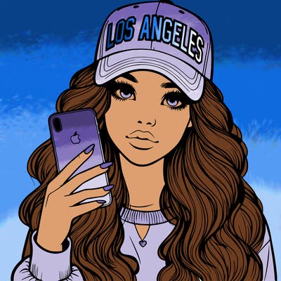 realistic beautiful girl wearing los ángeles cap holding an iphone