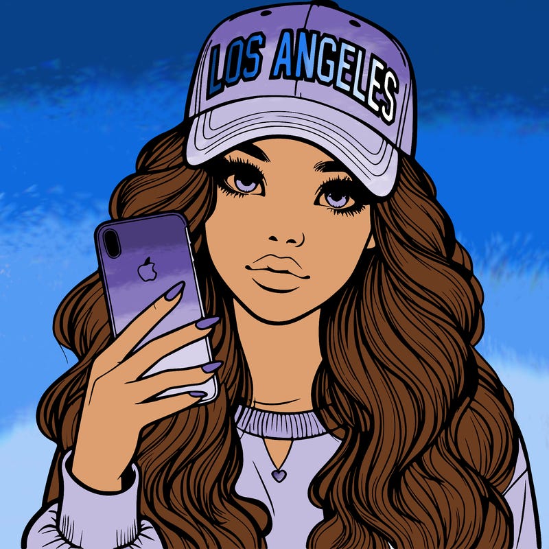 realistic beautiful girl wearing los ángeles cap holding an iphone