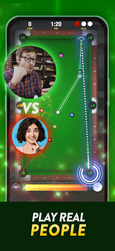 A head to head pool match in Pool Payday showing two players competing on a digital billiard table