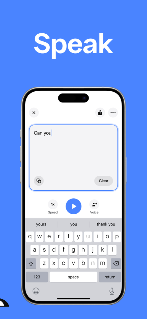 Speak4Me Text to Speech Reader - Speak4Me app interface with a text box for typing and a play button to convert text to speech