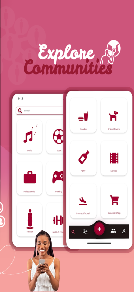 Connect App! - Interfaz de Connect App mostrando varios círculos sociales basados en intereses como Música, Deporte y Videojuegos