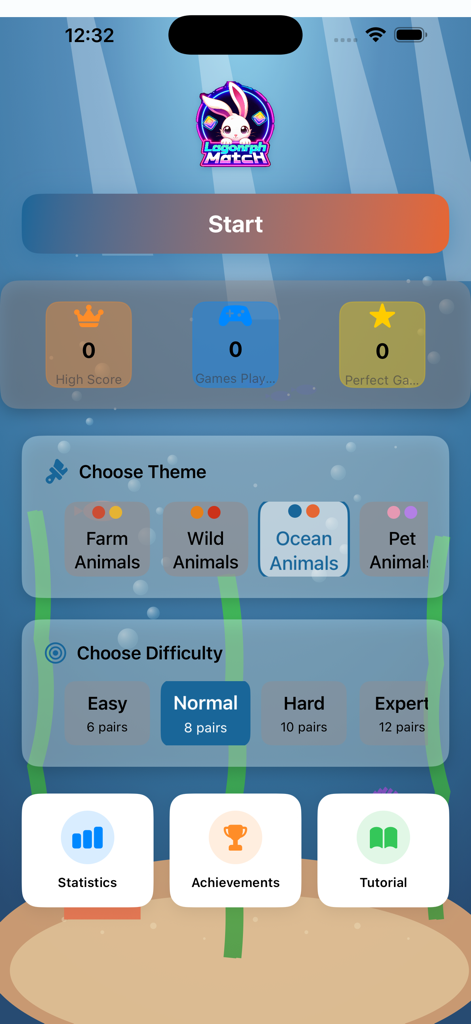 LagomorphMatch - LagomorphMatch main menu showing theme and difficulty selection