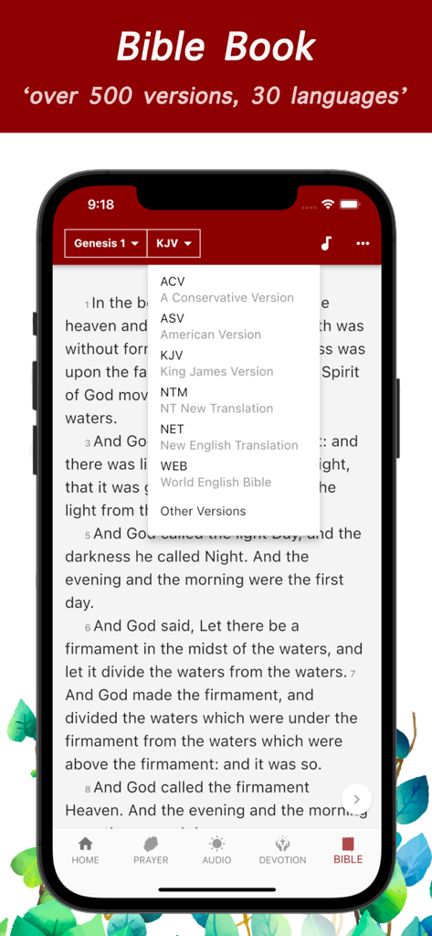 Interface of the iPray app showing a list of Bible translations to choose from