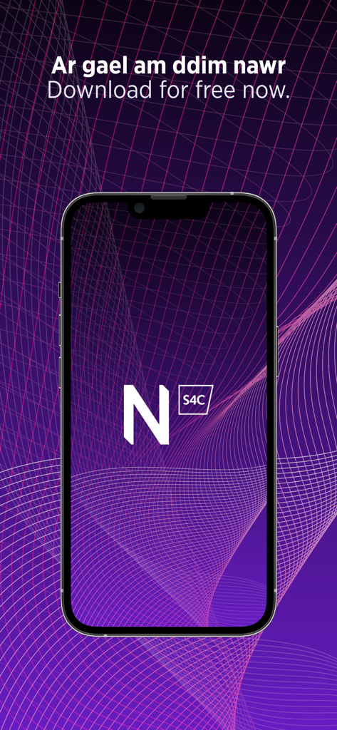 Newyddion S4C - Smartphone displaying the Newyddion S4C app logo with text download for free now