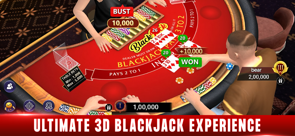 Blackjack 21: Octro Black jack - Jugabilidad de mesa de blackjack 3D con jugadores y fichas en un casino virtual