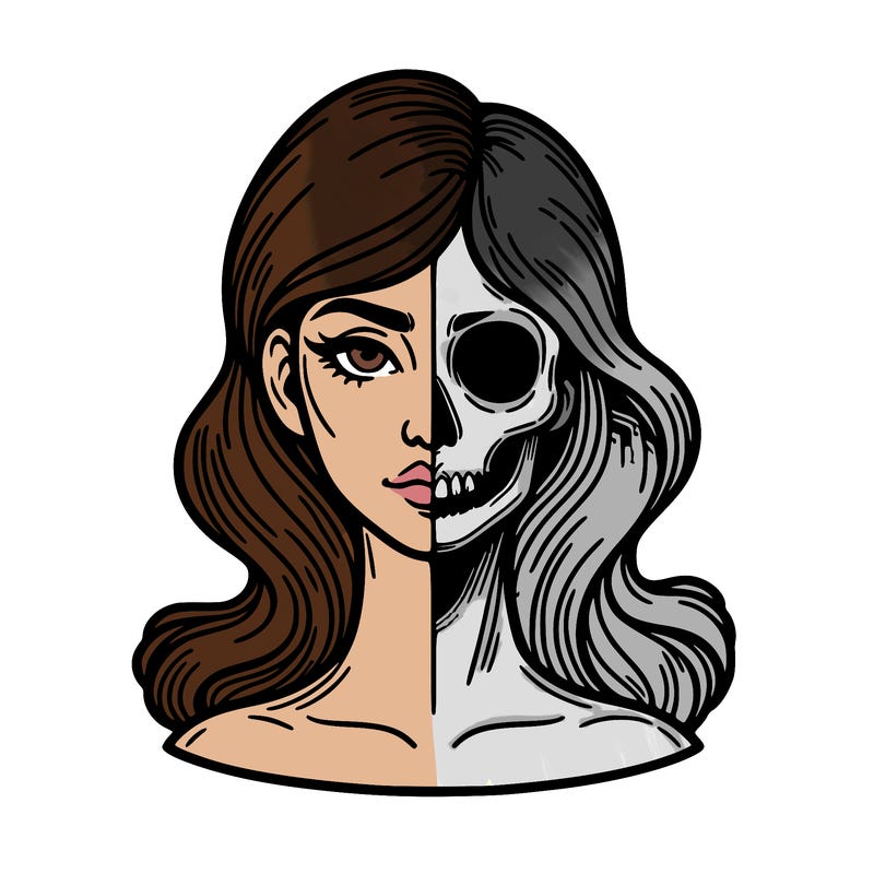 bust of a woman, half face and hair, half skull