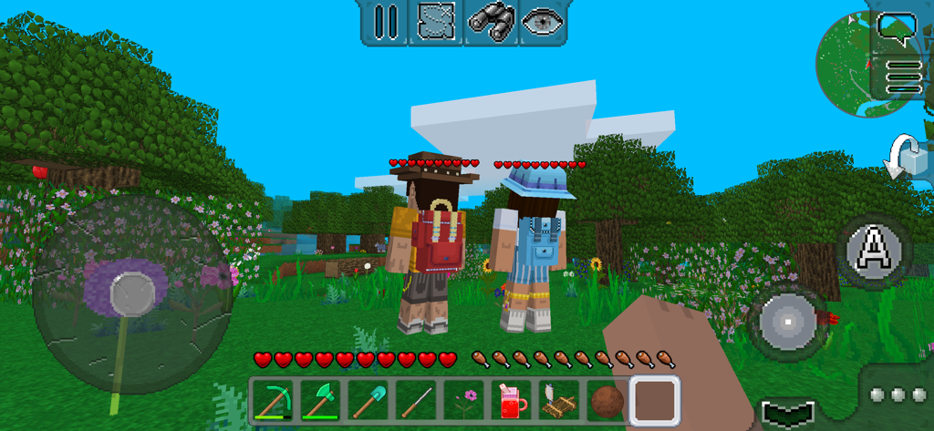 MultiCraft — Build and Mine! - Two players with colorful backpacks exploring a lush green forest in MultiCraft.