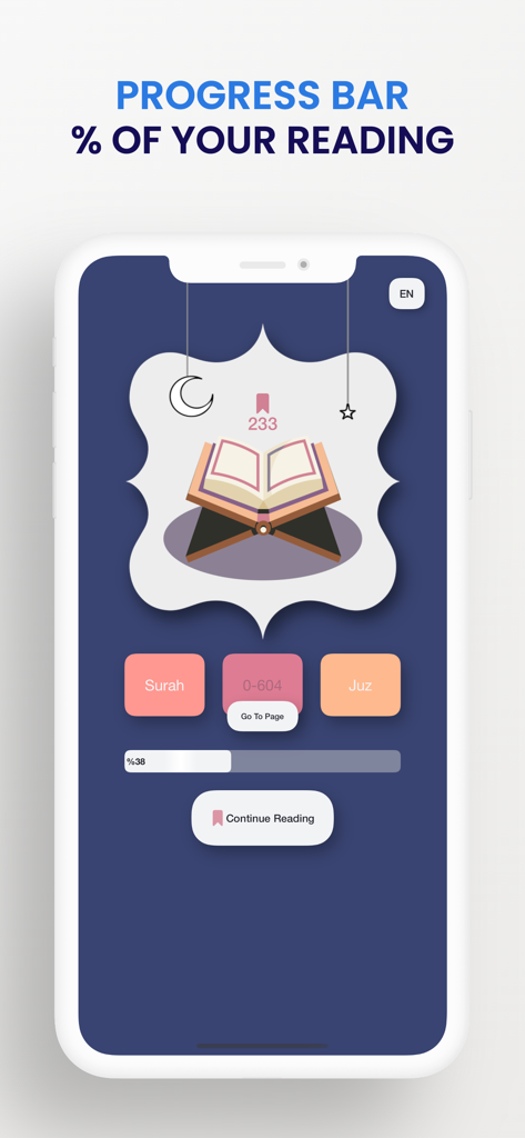 Quran Time - Interface do aplicativo Quran Time mostrando uma barra de progresso de leitura com um indicador de porcentagem e botões de navegação para Surata e Juz