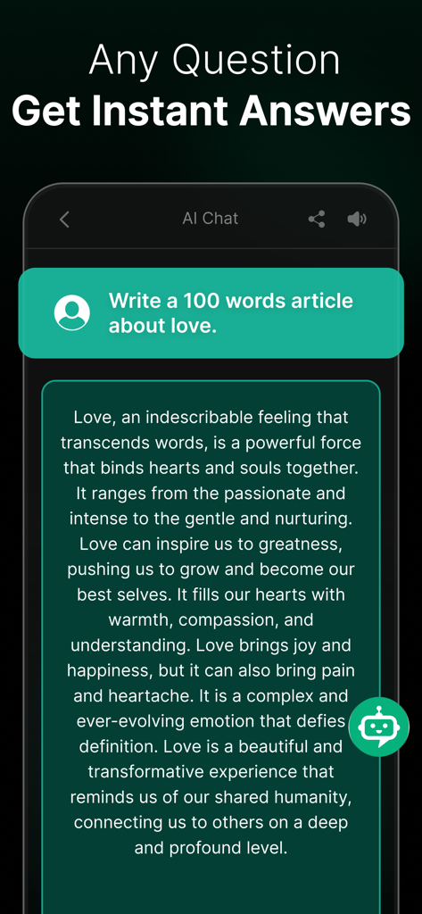 Screenshot of Chat AI app interface showing a chatbot generating a short article based on a user prompt