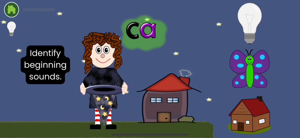 Lee Paso a Paso - Interface of the Lee Paso a Paso app showing a game where children identify beginning sounds using the Spanish syllable ca